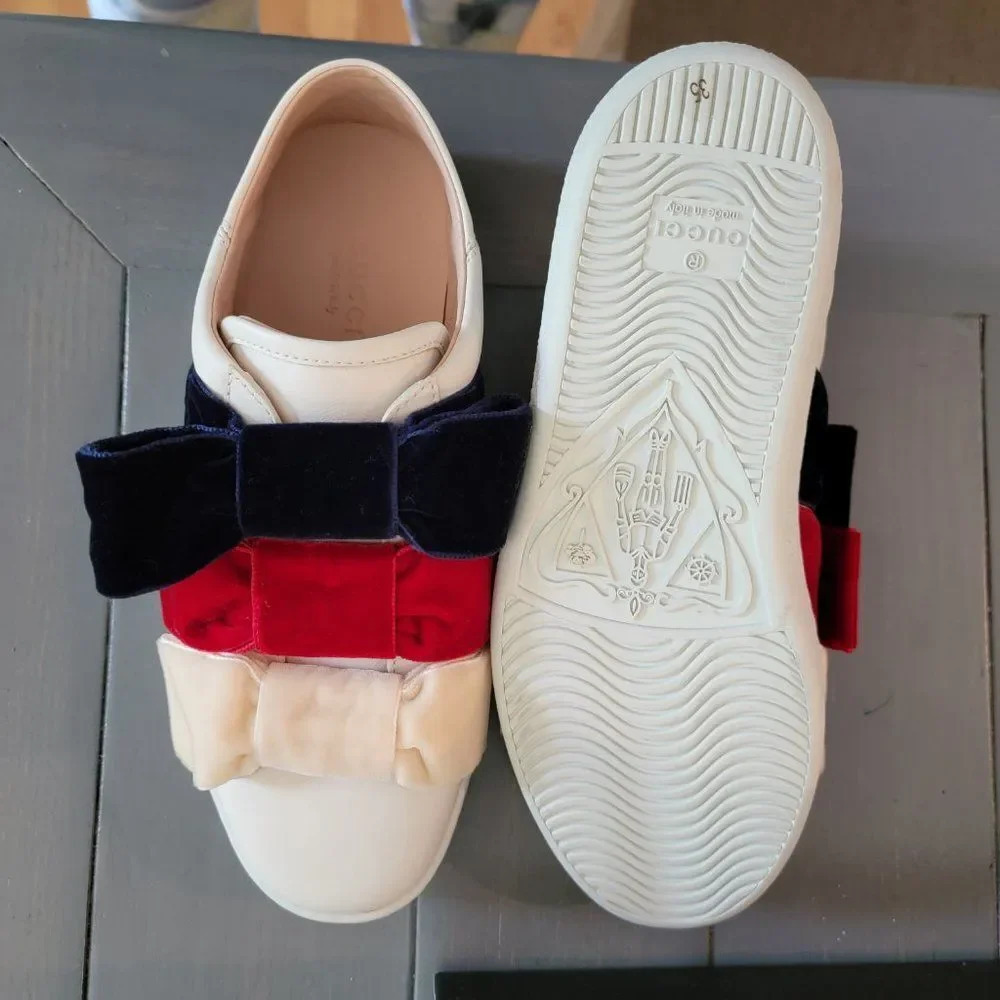 Gucci Women's Cream Leather And Velvet Bow Ace Slip On Sneakers Size 35 - Picture 9 of 16